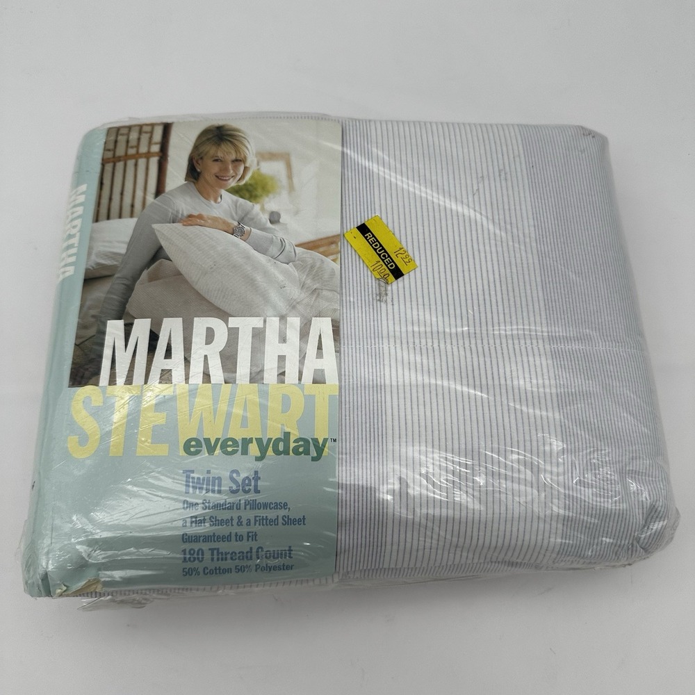 1998 Vtg Martha Stewart Twin Sheet Set Blue Stripe USA NOS